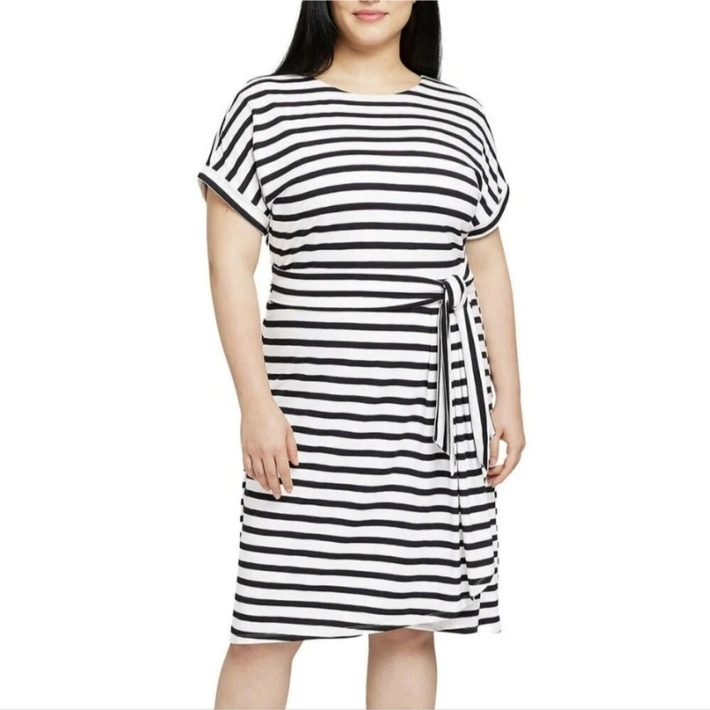 Chaps L Crewneck Knit Dress Black White Stripe 3032-AK
